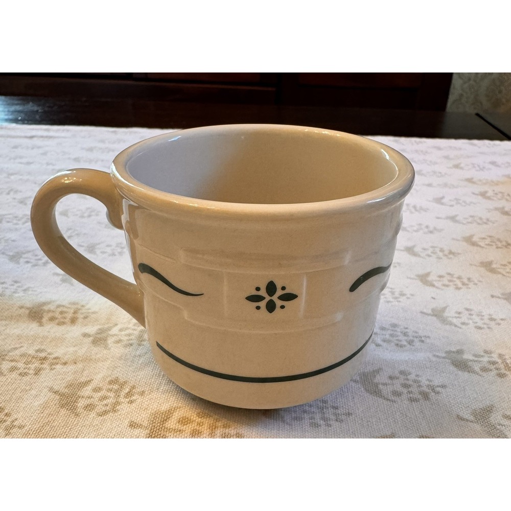 Longaberger Pottery Coffee Mug Cream Green Stripe‎ Woven Traditions Heritage